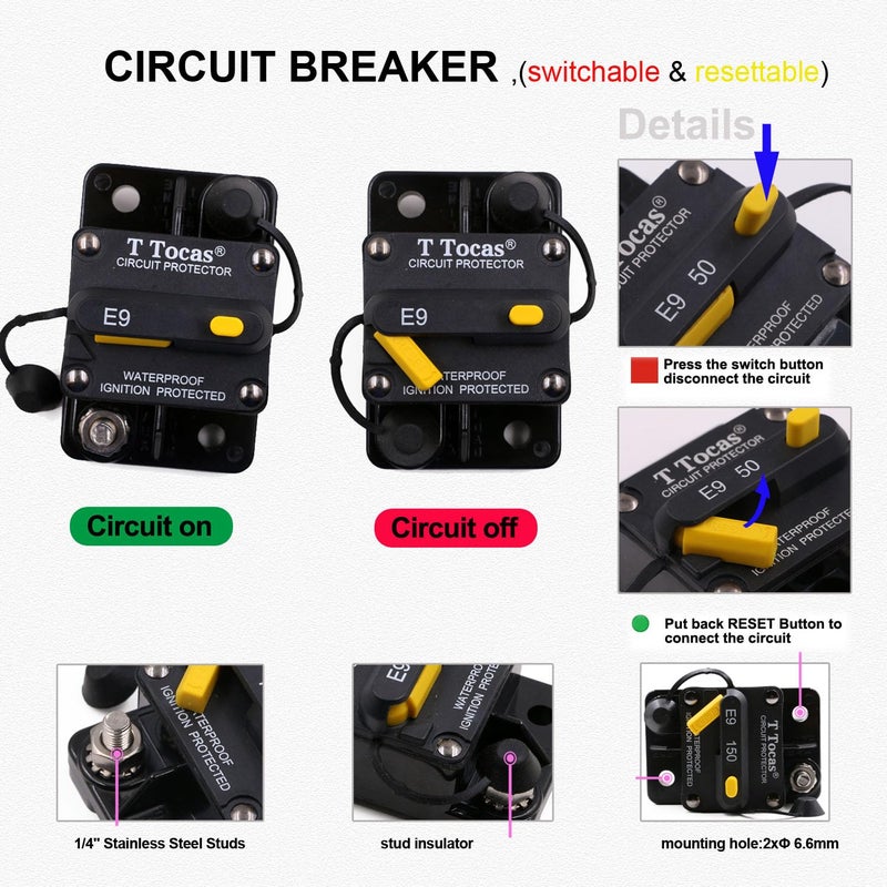 T Tocas T3 Surface-Mount 80 Amp Circuit Breaker with Manual Reset Switch Button, 12V - 48V DC, Waterproof 80A - Image 3